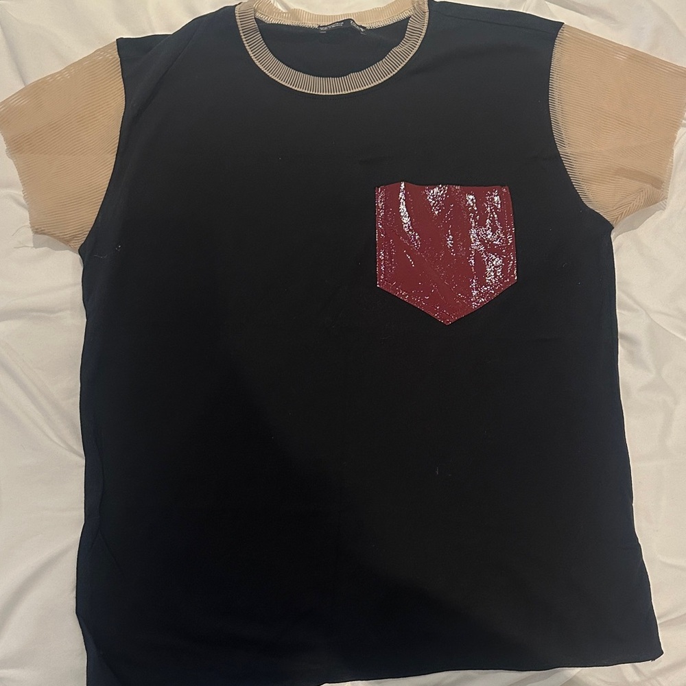 Black and Tan Shirt with Red Pocket